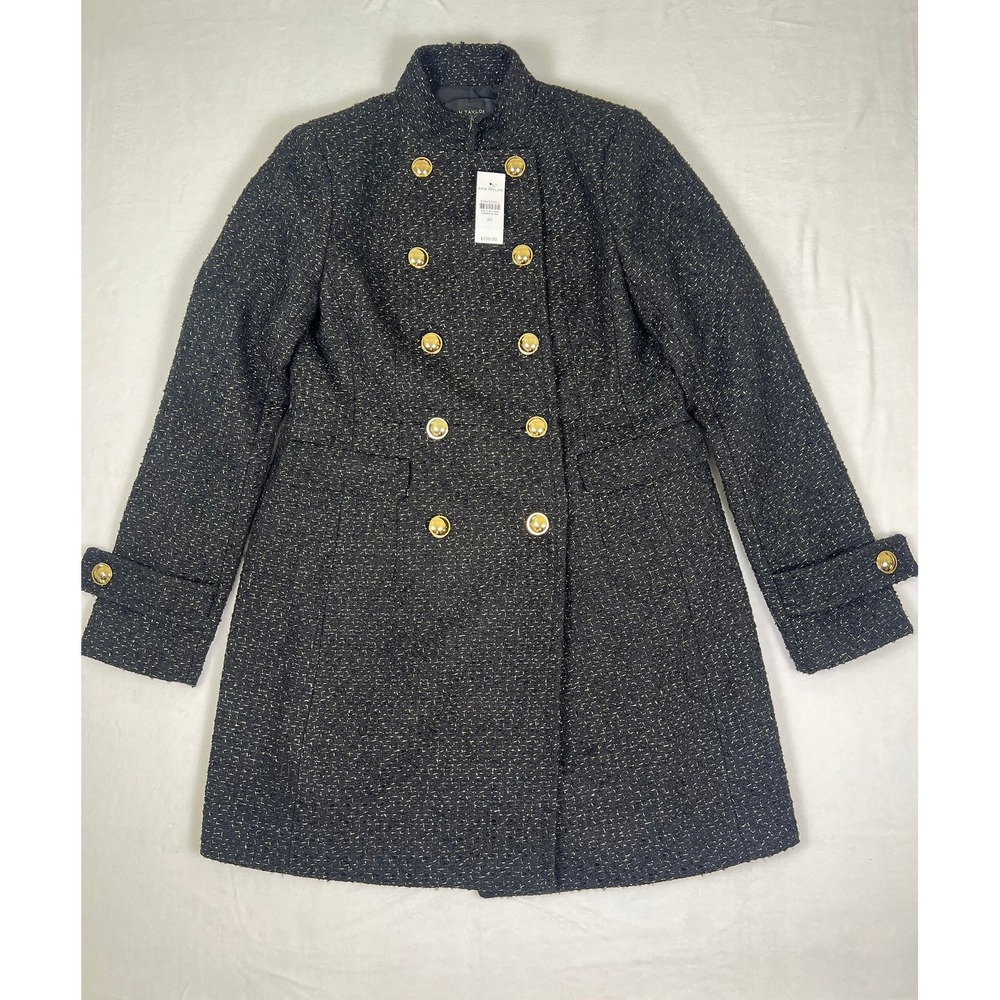 Ann Taylor Tweed Double Breasted Coat Gold Buttons‎ Black White XS New